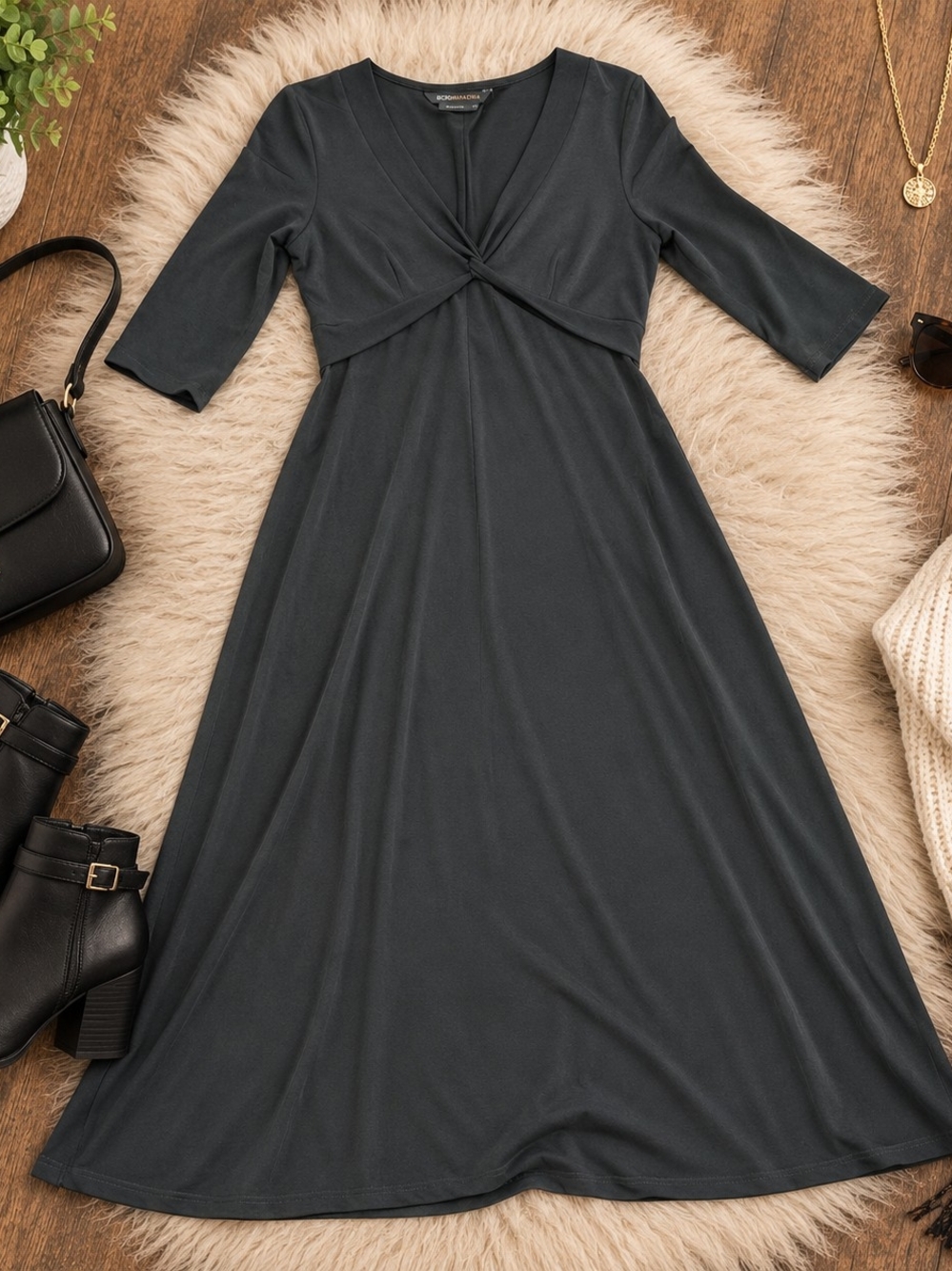 BCBGMaxAzria Black Knot-Front V-Neck Midi Dress